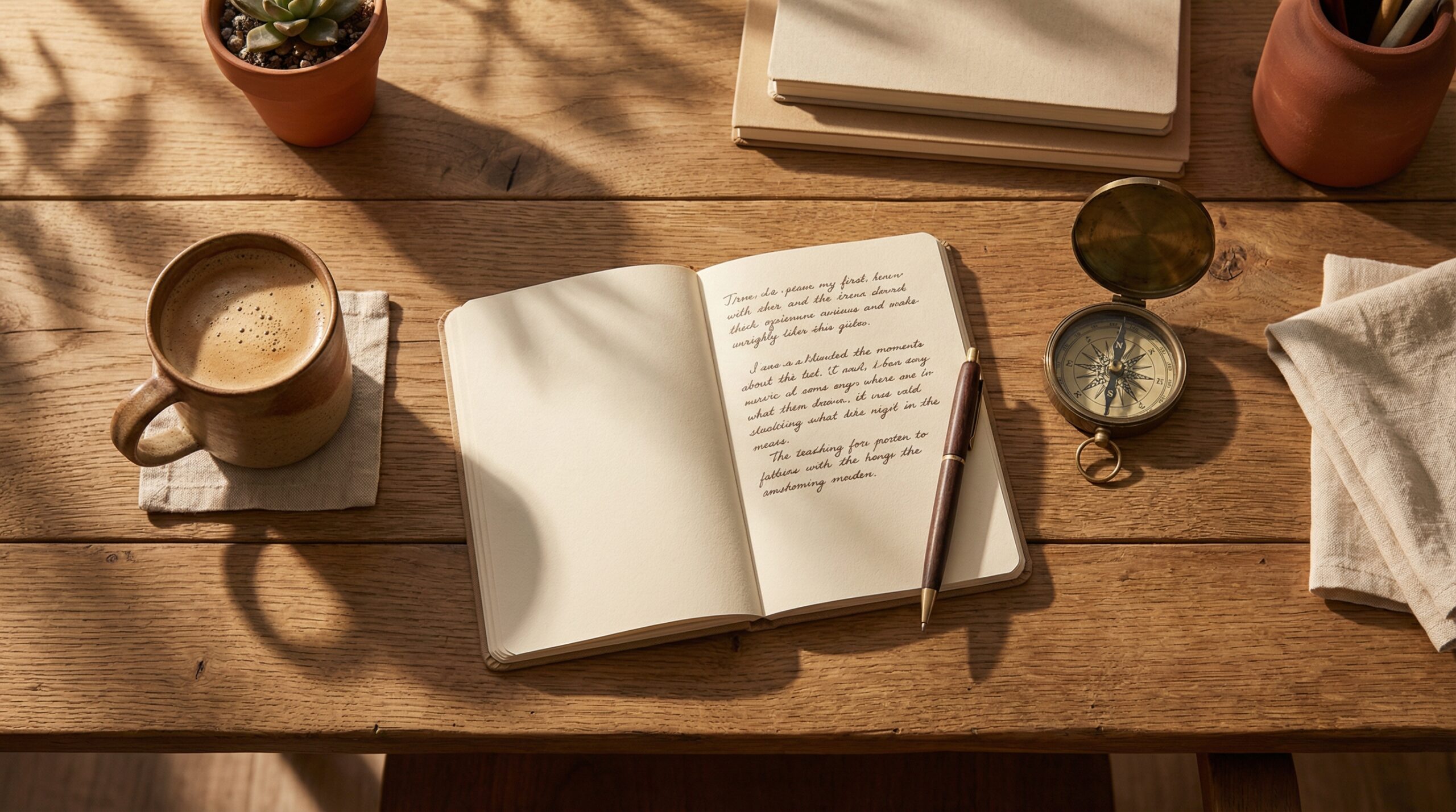 Mesa de escritório de madeira organizada com caderno, caneta e uma bússola vintage, simbolizando a direção estratégica para organizar a empresa.